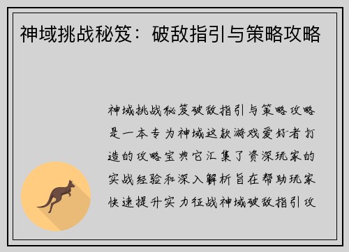 神域挑战秘笈：破敌指引与策略攻略